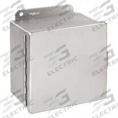HOFFMAN Enclosure: 304 Stainless Steel, 6 in x 6 in x 4 in, NEMA 12/3R/4/4X, Solid Cover, Hinged (MPN A606CHNFSS). Key specifications — Brand: HOFFMAN; Closure Method: Clamps; Enclosure Material: 304 Stainless Steel; Knockouts: Not Included.