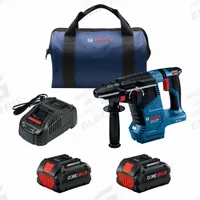 BOSCH Rotary Hammer and Battery: D-Handle, 18V DC, SDS-Plus, 1 3/16 in max, 8.0 Ah, 1.8 ft-lb (MPN GBH18V-24CK24). Key specifications — attr113828: 1.8 ft-lb; attr113858: 18V DC; attr113796: BOSCH; attr113851: 1 in; attr113808: 0 bpm to 4,350 bpm; attr113803: Yes; attr113838: Hammer and Rotate; attr113809: Yes.