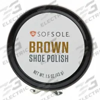 SOFSOLE Brown Show Polish: 82095, Brown, Beeswax/Carnuba/Parrafin/Stearic/Water, 1 1/2 oz Size. Key specifications — Color: Brown; Brand: SOFSOLE; Material: Carnuba; Application Method: Rub-In; Container Type: Cylinder; For Material: Leather.