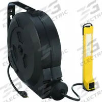 LUMAPRO Extension Cord Reel with Hand Lamp: 50 ft Cord Lg, 14 AWG, SJTW, 800 lm, 5-15P Feeder End (MPN 443P50). Key specifications — attr1327204: LUMAPRO; attr1327206: 5-15P; attr1327208: 5-15R; attr1327210: 5000K; attr1327197: 120V AC.