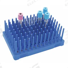 Tube Rack: 5 in Overall Wd, 2 1/8 in Overall Ht, 3 1/4 in Overall Lg, Polypropylene, Blue, Benchtop (MPN HS24312B). Key specifications — Material: Polypropylene; Mounting Location: Benchtop; Color: Blue; Product Type: Test Tube Rack; Total Holding Capacity: (96) Wells; Brand: HEATHROW SCIENTIFIC.