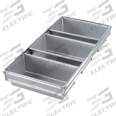 CHICAGO METALLIC Bread Pan: Aluminized Steel, 3 Slots, 9 1/4 in Overall Wd, 2 3/4 in Overall Dp (MPN 44235). Key specifications — Pan Style: Open Top Bread Pan; Brand: CHICAGO METALLIC; Color: Silver; Material: Aluminized Steel; NSF Certified: No; Number of Slots: 3.