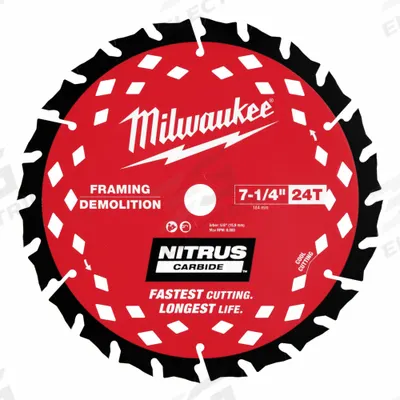 MILWAUKEE Circular Saw Blade: 7 1/4 in Blade Dia., 24 Teeth, 0.08 in Cut Wd, Framing - Wood-Cutting Blades