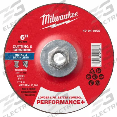 MILWAUKEE Cut-Off & Grinding Wheel: Type 27, 6" x 1/8" x 5/8"-11, Zirconia Alumina - High-Performance Combination Wheels for Carbon & Stainless Steel