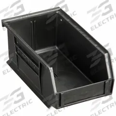 QUANTUM STORAGE SYSTEMS Hang and Stack Bin: 4 1/8 in x 7 3/8 in x 3 in, Black, Label Holder Included (MPN QUS220BR). Key specifications — Electrostatic Discharge: Not Electrostatic Discharge Conductive; Brand: QUANTUM STORAGE SYSTEMS; % Recycled Content: 100%.
