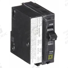 SQUARE D Miniature Circuit Breaker: 15 A, 120/240V AC, Single Phase, 10kA at 120/240V AC, 1 Poles (MPN QO1151021). Key specifications — Phase: Single; Amps: 15 A; AC Voltage Rating: 120/240V AC; Max. AIR Rating: 10kA at 120/240V AC; For Use With: QO Load Centers and NQ Panelboards; Brand: SQUARE D.