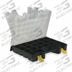 WESTWARD Compartment Box: 11 1/4 in x 15 in x 3 1/2 in, Black, 46 Compartments, 10 Adj Dividers (MPN 2HFR2). Key specifications — ESD Conductive: Not Electrostatic Discharge Conductive; Color: Black; Brand: WESTWARD; Material: Plastic.