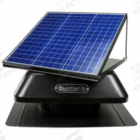 Attic Exhaust Fan: Roof Mount, Solar, Max. 1,900 sq ft Attic, 791 cfm Max., Thermostat, 0 to 999 cfm (MPN AFR SLR-40W). Key specifications — Includes: Accessory Bag; Includes Humidistat: No; Includes Shutter: No; Includes Thermostat: Yes; Mounting Location: Roof; Nameplate Voltage: 120V AC; High-Efficiency Motor: Yes; Brand: QUIETCOOL.