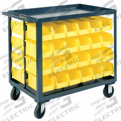 DURHAM MFG Bin Cart: 1,200 lb, 48 Bins/Tubs, 2 Shelves, Gray, 42 1/2 in L x 24 1/2 in W x 38 in H (MPN RSC-2436-BLP-48-230-95). Key specifications — Color: Gray; Caster/Wheel Configuration: (2) Swivel; Bin Color: Yellow; Brand: DURHAM MFG.