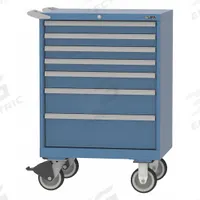 LISTA Modular Drawer Cabinet: 28 1/4 in x 22 1/2 in x 41 1/2 in, 7 Drawers, Tubular, Adj Dividers (MPN ST07-0701A-MBKABB). Key specifications — Cabinet Color: Bright Blue; Frame Assembled: Assembled; Base Type: Casters; Drawer Inside Height: (1) 3 in; Drawer HxWxD: (1) 3 in x 36 in x 18 in; Drawer Handle Type: Tubular; Cabinet Material: Steel; Cabinet Style: Drawer.