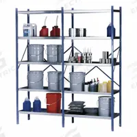 DENIOS Open Metal Shelving: Starter Unit, Heavy-Duty, 18 in x 74 1/2 in, 84 in Overall Ht, 8 Shelves (MPN K32-1104). Key specifications — Frame Material: Steel; Shelving Material: Steel; Assembled: Unassembled; Color: Blue; Shelving Configuration: Starter Unit; Brand: DENIOS.