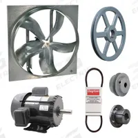 Exhaust Fan with Drive Package: Belt Drive, 54 in Blade, 2 hp, 32,589 cfm, 115/230V AC, 1 ph (MPN 7M853). Key specifications — Frame Finish: Zinc Plated; Assembled: Unassembled; Brand: DAYTON; Nameplate Voltage: 115/230V AC; Frame Material: Steel; Guard Type: None; Motor Insulation: Class F; Motor Enclosure: Totally Enclosed Fan Cooled.