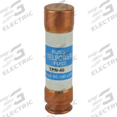 BUSSMANN Telecom Protection Fuse: TPN Series, Fast-Acting, Cylindrical, 40 A, 170 V DC (MPN TPN-40). Key specifications — Series: TPN; Brand: BUSSMANN.