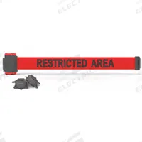 BANNER STAKES Magnetic Retractable Belt Barrier: Magnet, 7 ft Belt Lg, Restricted Access Messaging (MPN MH7007). Key specifications — attr981520: Black; attr981527: Black; attr193646: BANNER STAKES; attr981511: Red.