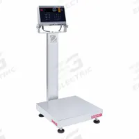 OHAUS Industrial Bench Scale: 18 in x 18 in, IP68/IP69K, Column-Mounted, Stainless Steel (MPN D61XWE50WQL7). Key specifications — Connection Ports: RS-232; Readability: 0.005 lb/2 g; Brand: OHAUS; Weighing Surface Material: Stainless Steel.