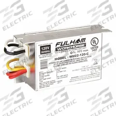 FULHAM Fluorescent Ballast: 120V AC, 1/2 Lamps Supported, 3 3/8 in Overall Lg, 1 3/4 in Overall Wd (MPN WH22-120-C). Key specifications — attr1125022: (1) F15T12; attr239899: FULHAM; attr1125144: 2.