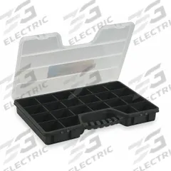 WESTWARD Compartment Box: 12 7/8 in x 20 in x 2 1/2 in, Black, 22 Compartments, 17 Adj Dividers (MPN 2HFR8). Key specifications — ESD Conductive: Not Electrostatic Discharge Conductive; Color: Black; Brand: WESTWARD; Material: Plastic.