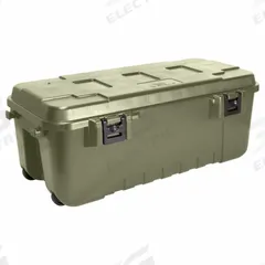 PLANO MOLDING Storage Trunk: 27 gal, 37 1/2 in x 18 in x 14 in, Green, Plastic, 2 Handles, Latches (MPN PLA19OD). Key specifications — Closure Type: Latches; Brand: PLANO MOLDING; Color: Green; Handle Style: Molded.