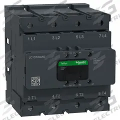 SCHNEIDER ELECTRIC IEC Contactor: Non-Reversing, 4 Poles, 4NO Contacts, 200 A, 240V AC/480V AC Coil (MPN LC1DT200A6LSE). Key specifications — Brand: SCHNEIDER; Integrated Surge Suppression: Yes.