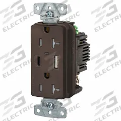USB Receptacle: Duplex, 5-20R, 2 USB Ports, USB Type A/C, Brown, 125V AC, 20 A (MPN USB20ACPD). Key specifications — Brand: HUBBELL.