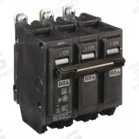 GE Miniature Circuit Breaker: THQB, 80 A, 120/240V AC, Three Phase, 10kA at 120/240V AC, Std (MPN THQB32080). Key specifications — attr195972: 80 A; attr195973: 120/240V AC; attr195974: Three; attr195975: 10kA at 120/240V AC; attr195976: Load Centers.