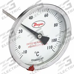 DWYER Clip On Dial Thermometer: -10°C to 110°C, +/- 2% Accuracy, 5 in Stem Lg, Celsius (MPN CBT175052). Key specifications — Accuracy: +/- 2%; Brand: DWYER; Temperature Units: Celsius.