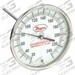 DWYER Glow-in-the-Dark Dial Thermometer: 20°F to 240°F, +/- 1% Accuracy, 5 in Dial Dia, Male (MPN GBTA525141). Key specifications — attr1275048: +/- 1%; attr1275052: DWYER.