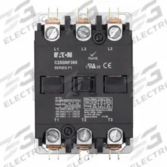 EATON Definite Purpose Magnetic Contactor: 3 Poles, 24V AC, 90 A, Non-Reversing (MPN C25GNF390T). Key specifications — Brand: EATON; Coil Voltage: 24V AC; Contactor Style: HVACR Definite Purpose Contactor; Frame Size: G; Terminal Connection Type: Quick-Disconnect Terminals; Maximum Voltage Rating: 690V AC; Series: C25 Series; Phase: Three.