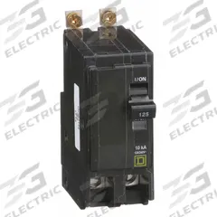 SQUARE D Miniature Circuit Breaker: 125 A, 120/240V AC, Single Phase, 10kA at 120/240V AC, 2 Poles (MPN QOB2125). Key specifications — Phase: Single; Amps: 125 A; AC Voltage Rating: 120/240V AC; Max. AIR Rating: 10kA at 120/240V AC; For Use With: Square D NQOD Panelboards; Brand: SQUARE D.