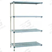 METRO Shelf Plastic Industrial Shelving (4): 18 in x 48 in, 62 in Overall Ht, 4 Shelves (MPN AQ356G3). Key specifications — Resistance Properties: Antimicrobial; Shelf Adjustment Type: Quick-Adjust; Frame Material: Steel; Shelving Material: Steel; Brand: METRO.