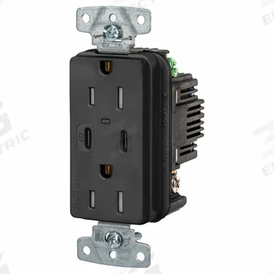 HUBBELL Receptacle: Duplex, 5-15R, 2 USB Ports, USB Type A/C, Black, 125V AC - Weather-Resistant Receptacles with USB Chargers