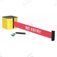 RETRACTA-BELT Wall Mounted Retractable Belt Barrier: Removable Mounting Plate, 20 ft Belt Lg, Red (MPN WM412YW20-NE-RE). Key specifications — Message Color: White; Frame Color: Yellow; Brand: RETRACTA-BELT; Belt Color: Red.