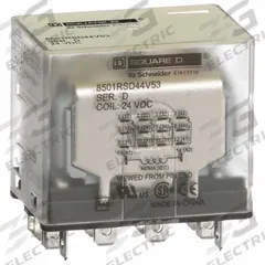 SCHNEIDER General Purpose Relay: Socket Mounted, 15 A Current Rating, 24V DC, 4PDT, F Socket (MPN 8501RSD44V53). Key specifications — Brand: SCHNEIDER; Base Type: Square; Mounting Style: Socket; Pin Shape: Flat; Electrical Connection: Quick-Connect; Manufacturer Part Number: 8501RSD44V53; Series: Square D 8501R Miniature Series.