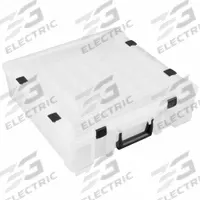 FLAMBEAU Compartment Box: 17 1/4 in x 16 3/4 in x 5 in, Clear, 47 Compartments, 15 Adj Dividers (MPN T9502). Key specifications — ESD Conductive: Not Electrostatic Discharge Conductive; Color: Clear; Compartment WxD: 17-1/4 in x 16-3/4 in x 5 in; Brand: FLAMBEAU; Material: Plastic.