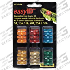 BUSSMANN Fuse Kit: Includes Series ATC-ID, Automotive Fuses, 5 A – 30 A Range (MPN ATC-ID-SK). Key specifications — Fuse Series Included: ATC-ID; Tool Included: None; Brand: BUSSMANN.