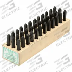 YOUNG BROS. STAMP WORKS Hand Stamp Kit: 0 thru 9 (6 doubles as 9)/Ampersand (&)/A thru Z, Steel (MPN 01362). Key specifications — Material: Steel; Brand: YOUNG BROS. STAMP WORKS; Characters Included: Ampersand (&).