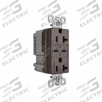 PASS & SEYMOUR Receptacle: Duplex, 5-15R, 2 USB Ports, USB Type C, Brown, 125V AC - Weather-Resistant Receptacles with USB Chargers