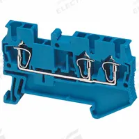 SCHNEIDER Terminal Block: DIN Rail Mounting Type, Spring Wire Termination, 3 Wire Terminals, 20 A (MPN NSYTRR23BL). Key specifications — Brand: SCHNEIDER; For Minimum Wire Size: 28 AWG; Wire Termination Style: Spring.
