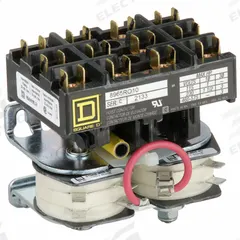 SQUARE D Hoist Contactor: 3 Poles, 120V AC, Reversing, Std Contactor Frame Size (MPN 8965RO10V02). Key specifications — Brand: SQUARE D; Coil Voltage: 120V AC; Contactor Style: Hoist Definite Purpose Contactor; Terminal Connection Type: Quick-Disconnect Terminals; Maximum Voltage Rating: 600V AC; Series: 8965 Series Type R; Phase: Three; Main Pole Contact Form: 3NO.