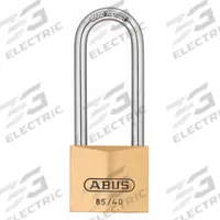 ABUS Padlock: Brass, Unfinished, Yellow, Long Shackle, Steel, 2 29/64 in Vert Clearance, 86 Series (MPN 85HB/40 MK KD). Key specifications — attr1312298: 86 Series; attr1312306: 403; attr1312342: No; attr1312346: ABUS.
