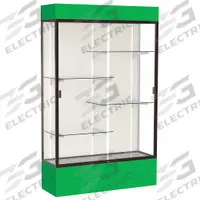 GHENT Freestanding Display Case: Green, 80 in Overall Ht, 48 in Overall Wd, 16 in Overall Dp (MPN 3174PB-BZ-KG). Key specifications — Back Material: Plaque Fabric; Material: Aluminum.