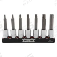 PROTO Socket Bit Set: 1 - 25 Pieces, 3/8 in Drive Size, 7 Pieces, 1/8 in to 3/8 in Tip Size Range (MPN J4990R7SAE). Key specifications — attr1216280: Fixed Insert; attr1216283: PROTO; attr1225718: 1/8 in to 3/8 in; attr1227491: 3/8 in.