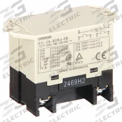 OMRON Enclosed Power Relay: Surface (Top Flange) Mounted, 25 A Current Rating, 100/120V AC, DPST-NO (MPN G7L-2A-BUBJ-CB-AC100/120). Key specifications — Brand: OMRON; Base Type: Square; Mounting Style: Top Flange; Electrical Connection: Screw Terminal; Manufacturer Part Number: G7L-2A-BUBJ-CB-AC100/120; Operating Current: 25 A at 220V AC (Resistive Load/Inductive Load); Series: G7L Series.