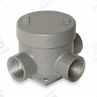 Conduit Outlet Body: Aluminum, GE, 1 1/2 in Trade Size, T Body, 29 cu in Body Capacity (MPN GEBT-5). Key specifications — Series: For Standard Body; Compatible Conduit Trade Size: 1-1/2 in; Thread Gender: Female; Hub Style: Threaded; Cover Included: Yes; Body Style: T; Connection Type: Threaded; Back Type: Flat.