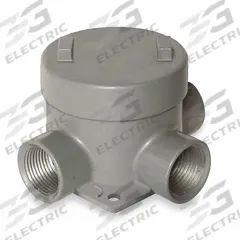 Conduit Outlet Body: Aluminum, GE, 1 1/2 in Trade Size, T Body, 29 cu in Body Capacity (MPN GEBT-5). Key specifications — Series: For Standard Body; Compatible Conduit Trade Size: 1-1/2 in; Thread Gender: Female; Hub Style: Threaded; Cover Included: Yes; Body Style: T; Connection Type: Threaded; Back Type: Flat.