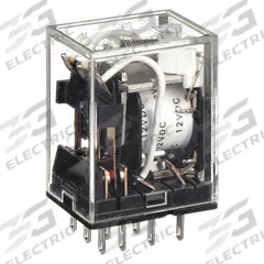 OMRON General Purpose Relay: Socket Mounted, 5 A Current Rating, 12V DC, 3PDT, 11 Pins/Terminals (MPN MY3N-DC12). Key specifications — Brand: OMRON; Base Type: Square; Mounting Style: Plug-In; Pin Shape: Flat; Electrical Connection: Quick-Connect; Manufacturer Part Number: MY3N-DC12; Operating Current: 2 A at 220V AC (Inductive Load); Series: MY Series.
