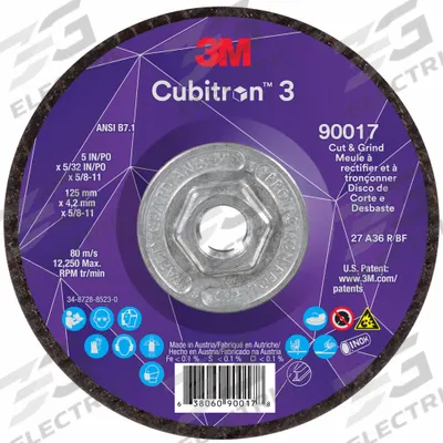 3M CUBITRON 3 Cut-Off and Grinding Wheel: Type 27, 5" x 5/32" x 5/8"-11 - Cool-Cutting Combination Wheels for Carbon & Stainless Steel