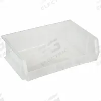 AKRO-MILS Hang and Stack Bin: 16 1/2 in x 10 7/8 in x 5 in, Clear, Label Holder Included, 30255SCLAR. Key specifications — Electrostatic Discharge: Not Electrostatic Discharge Conductive; Brand: AKRO-MILS; % Recycled Content: 0%.