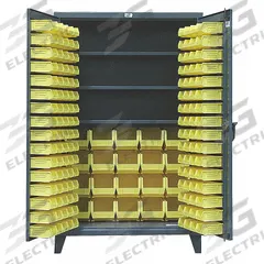 STRONG HOLD Bin Cabinet: 48 in x 24 in 78 in, 3 Shelves, 164 Bins, Yellow, Flush, 12 ga Panel, Gray (MPN 46-BBS-243). Key specifications — Bin Color: Yellow; Bin HxWxD: (20) 7 in x 8-1/4 in x 14-3/4 in; Assembled: Assembled; Cabinet Style: Shelf and Bin; Brand: STRONG HOLD; Cabinet Color: Gray; Cabinet Finish: Baked Enamel; Cabinet Material: Steel.