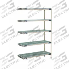 METRO Plastic Industrial Shelving: 18 in x 48 in, 74 in Overall Ht, 5 Shelves, Antimicrobial (MPN 5AX357GX3). Key specifications — Resistance Properties: Antimicrobial; Frame Material: 304 Stainless Steel; Shelving Material: Polymer; Brand: METRO.